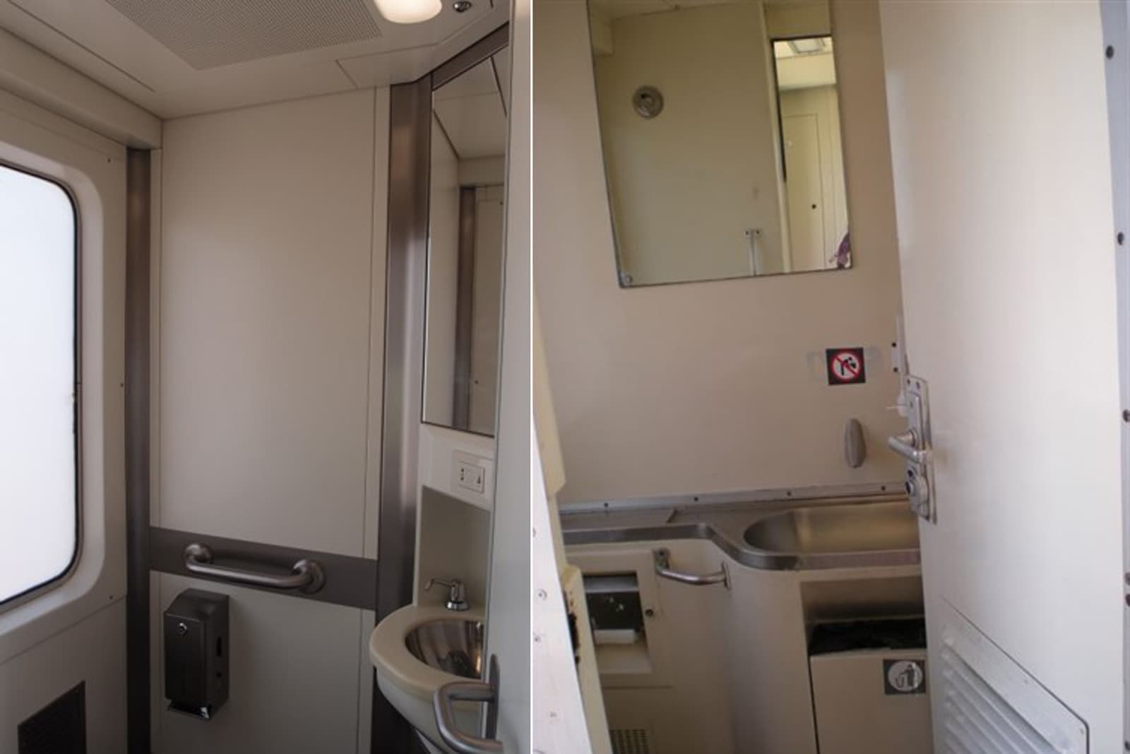 Aseo remodelado de un tren militar de Renfe, con lavabo de acero inoxidable.