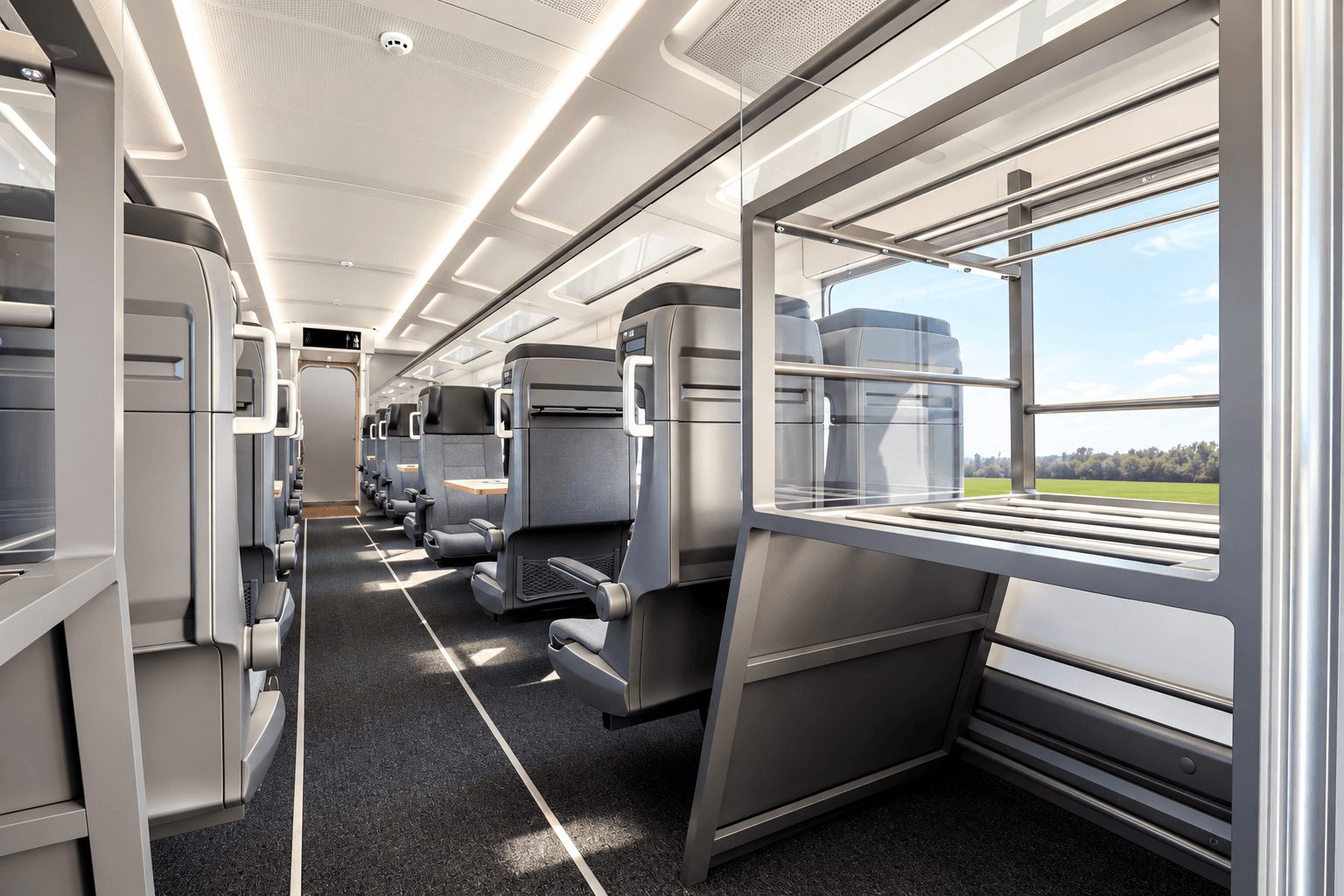 Interior de coche de pasajeros terminado, con asientos, portaequipajes y mamparas montados.