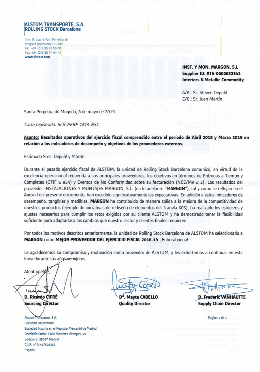 Carta de Alstom comunicando la elección de Margon como mejor proveedor del ejercicio 2018-2019.
