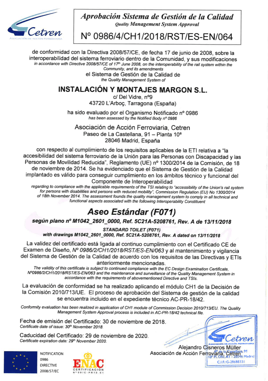 Certificado del sistema de gestión de la calidad asociado al proyecto.