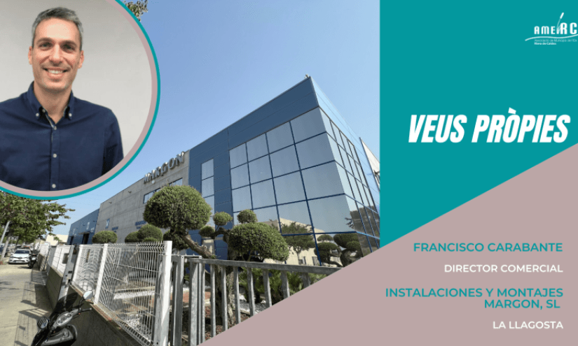 Cabecera de la entrevista «Veus pròpies» a Francisco Carabante, director comercial de Margon, sobre una vista de la sede de La Llagosta.