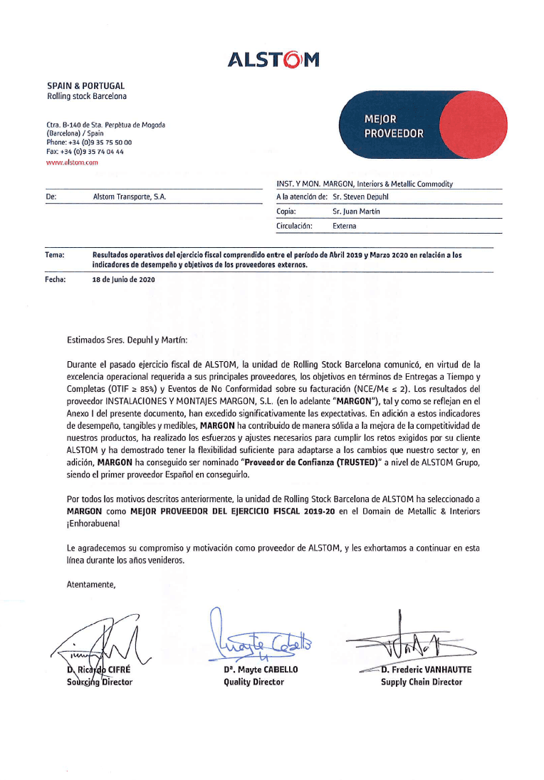 Carta de Alstom comunicando la elección de Margon como mejor proveedor del ejercicio 2019-2020.