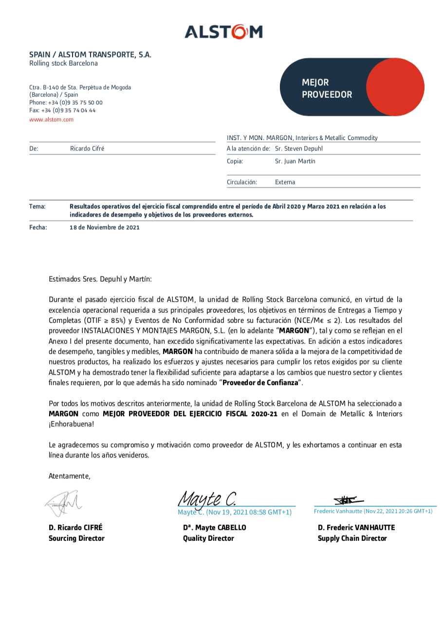 Carta de Alstom comunicando la elección de Margon como mejor proveedor del ejercicio 2020-2021.