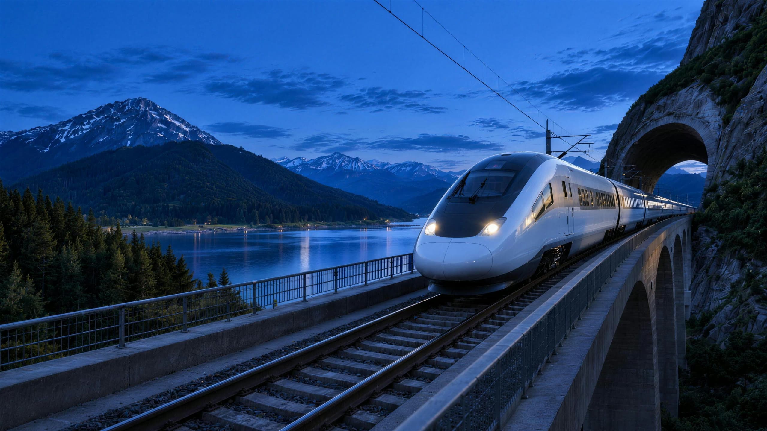 Tren de alta velocidad cruzando un viaducto de montaña al anochecer, con un lago y montañas nevadas al fondo.